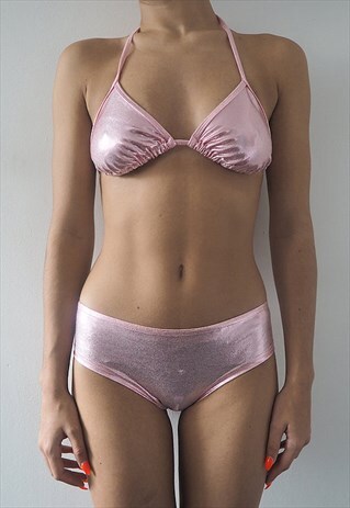 PINK METALLIC LYCRA TRIANGLE BIKINI TOP