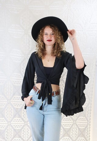 HANDMADE GYPSY FLARED SLEEVE WRAP TOP - BLOCK COLOUR - BLACK