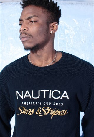VINTAGE NAUTICA NAVY EMBROIDERED KNITTED JUMPER