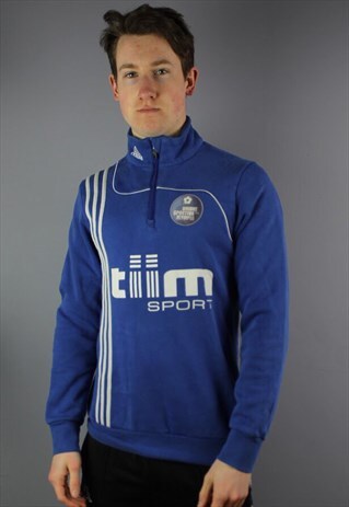 VINTAGE ADIDAS 1/4 ZIP SWEATSHIRT IN BLUE AND SIZE XS. FEATU