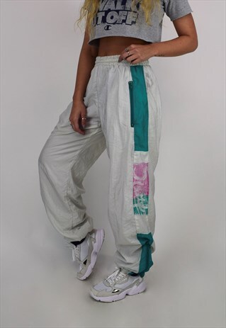 VINTAGE 90'S WHITE PINK & TURQUOISE SHELL JOGGERS