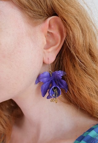 VINTAGE 80S PURPLE FLORAL STATEMENT EARRINGS