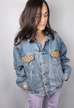 Vintage Denim jacket Reworked with Gucci fabric in size L