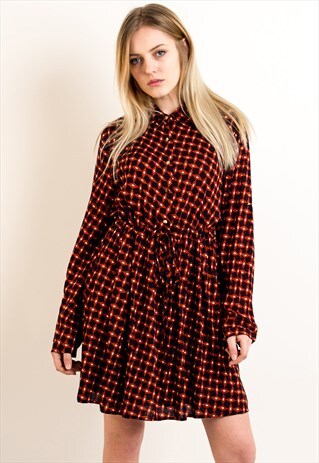 VINTAGE CHECK DIAMOND PRINT COTTON SHIFT DRESS IN ORANGE