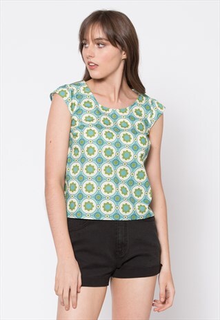 DANGERFIELD BLUE & WHITE FUNKY FLORAL GEOMETRY PRINT TOP