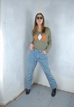 Vintage y2k light abstract fitting knitted jumper in khaki 