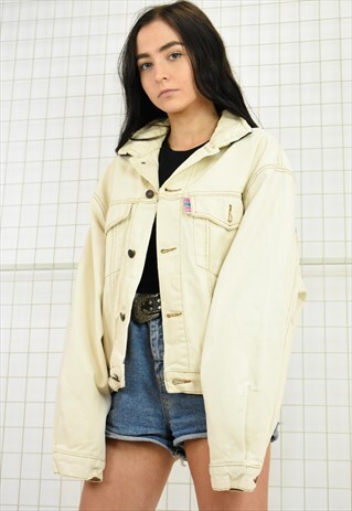 VINTAGE OFF WHITE DENIM JACKET WITH COLOURFUL BACK PRINT