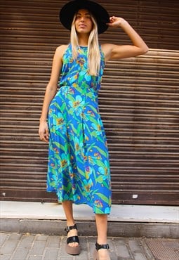 Blue Sleeveless Long Dress in Floral Print