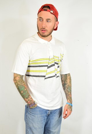 VINTAGE 80S WHITE YELLOW SPORTS GEOMETRIC PRINT POLO T SHIRT