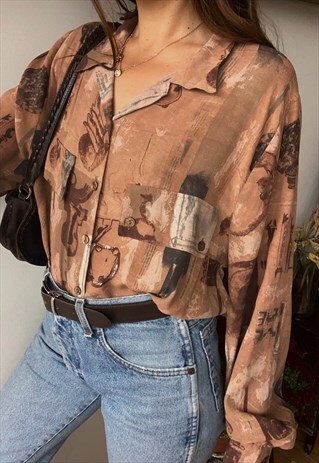 VINTAGE 80S ART NOUVEAU PRINT BLOUSE SHIRT TOP PARISIAN BOHO