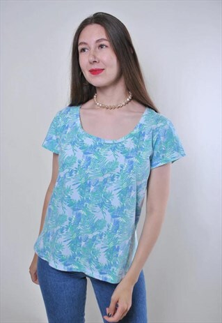 VINTAGE 90'S SUMMER TOP, BLUE FLORAL TEE SHIRT - LARGE