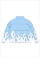 FLAME PRINT BOMBER FIRE GRAPHIC PUFFER JACKET IN BLUE WHITE
