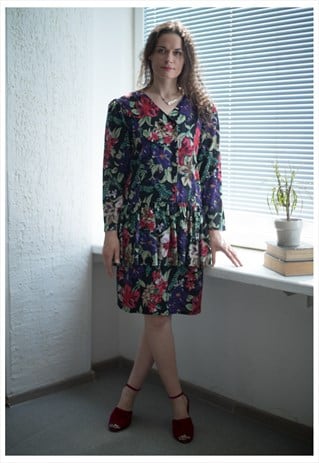 VINTAGE 70'S MIDI BLACK FLOWER PRINT LONG SLEEVE DRESS