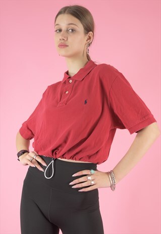 VINTAGE 90S REWORKED RALPH LAUREN CROP TOP POLO SHIRT IN RED