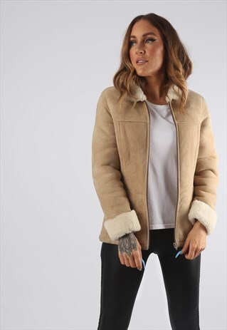 VINTAGE SHEEPSKIN SUEDE SHEARLING COAT SHORT UK 4 - 6 (94D)