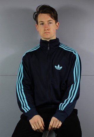 VINTAGE ADIDAS WINDBREAKER TRACK JACKET IN NAVY BLUE WITH ZI