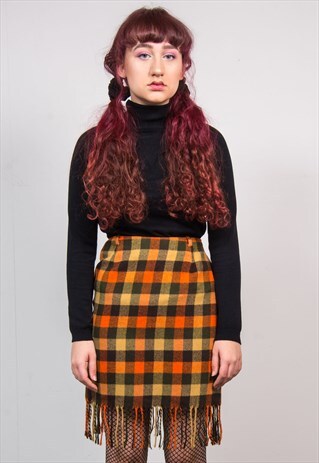 VINTAGE 90'S ORANGE TARTAN CHECK HIGH WAIST FRINGE SKIRT