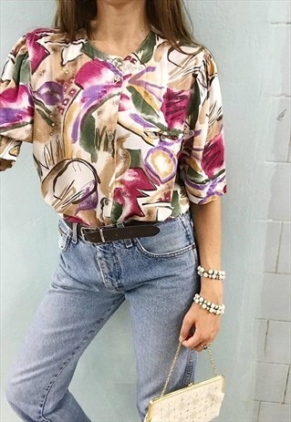 VINTAGE 80S ABSTRACT FLORAL PRINT PARISIAN CHIC BLOUSE TOP