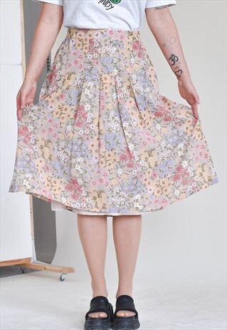 VINTAGE 80S HIGH WAIST MIDI PLEATED DITSY FLORAL SKIRT M/L