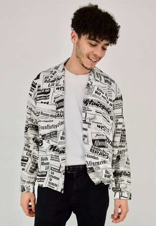 VINTAGE 90'S BLACK&WHITE NEWSPAPER PRINTED FESTIVAL SHIRT