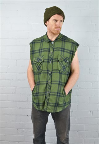 VINTAGE LEVI'S GREEN SLEEVELESS GREEN CHECKED SHIRT