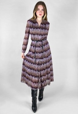 70's Ladies Vintage Purple Lilac Feather Print Midi Dress