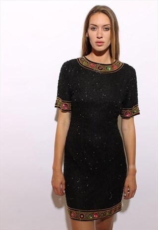 VINTAGE 1980'S 80'S BLACK SILK TROPHY DRESS SEQUIN BEADS S-M