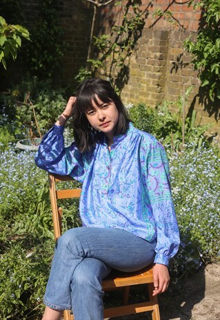 VINTAGE 80S GRANDAD COLLAR PRINTED BLOUSE