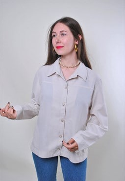 90s capsule blouse, vintage minimalist blouse, beige office 