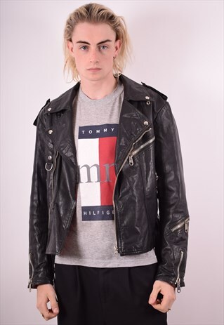 MENS VINTAGE FAUX LEATHER JACKET MEDIUM BLACK 90S