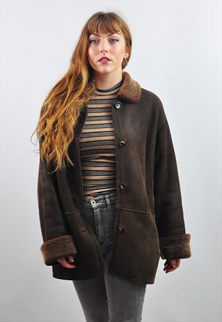 VINTAGE BROWN SHEARLING JACKET WITH FAUX FUR COLLAR