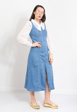 Vintage denim dress in blue sleeveless jean women