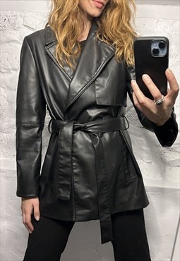 Black Faux Leather Trench Coat / Jacket - Small