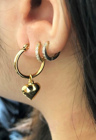 BUBBLE HEART GOLD HOOP EARRINGS