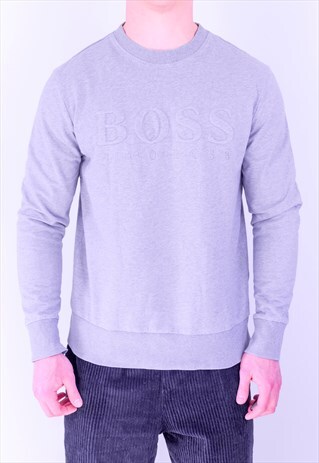 VINTAGE HUGO BOSS SWEATSHIRT SPELL OUT GREY MEDIUM