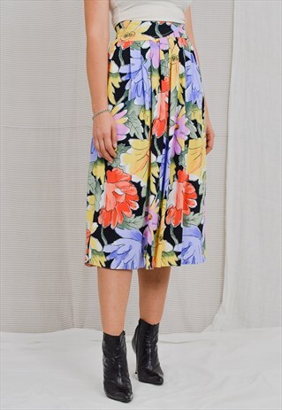 FLORAL SKIRT VINTAGE RAINBOW PRINTED FLOWERS PLEATED VISCOSE