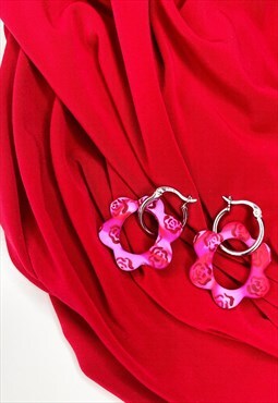 Handmade Sterling Silver Hoop Earrings in Red Floral