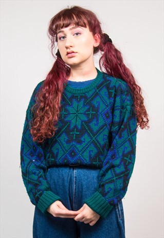 VINTAGE 90'S DARK GREEN KNIT PATTERN OVERSIZED JUMPER
