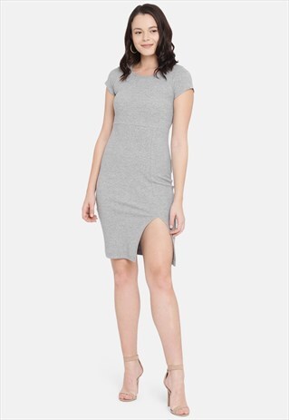 IS.U GREY SIDE SLIT RIBBED DRESS