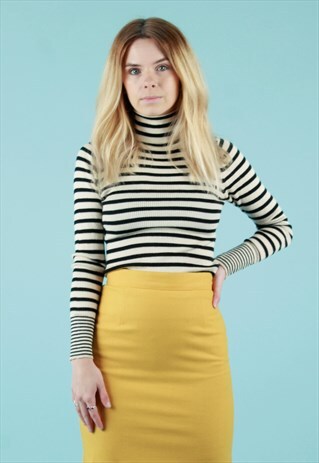 VINTAGE 90S BLACK AND WHITE STRIPE RIB ROLL NECK JUMPER