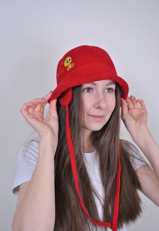 80S BUCKET HAT, TWEETY EMBROIDERY FLEECE SUN HAT WITH LACE