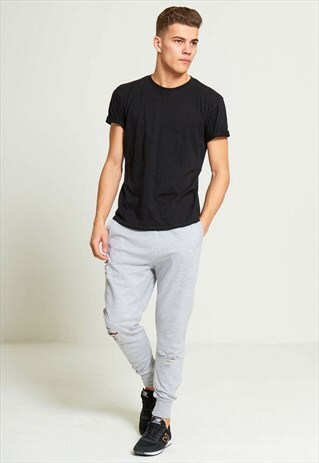 MENS RIPPED KNEE GREY JOGGING BOTTOMS