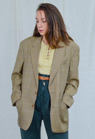 CHECKERED MENS BLAZER WOOL CHECK SUIT JACKET 80S VINTAGE