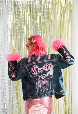 REWORKED KITSCH HAND PAINTED PINK FLUFFY DENIM JACKET