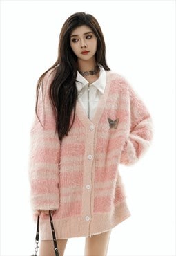 Striped cardigan fluffy jumper soft geometric pullover pink