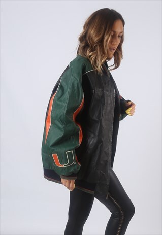 VINTAGE LEATHER BOMBER JACKET USA FOOTBALL UK 18-20 (N3A)