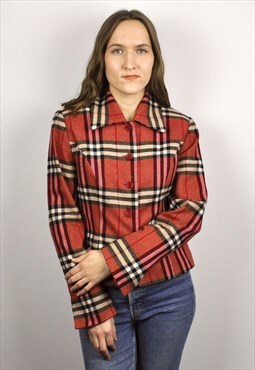 Women's S Tweed Check Plaid Wool Blazer Jacket Coat Top