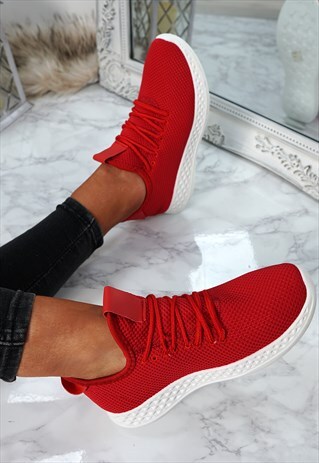 WOMENS LACE UP RUNNING TRAINERS SNEAKERS RED SHOES