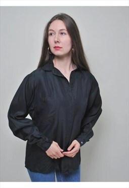 Black blouse vintage, long sleeve shirt woman quarter button