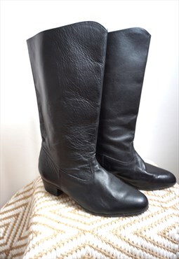 Vintage Black Genuine Leather Cowboy Western Boots Shoes